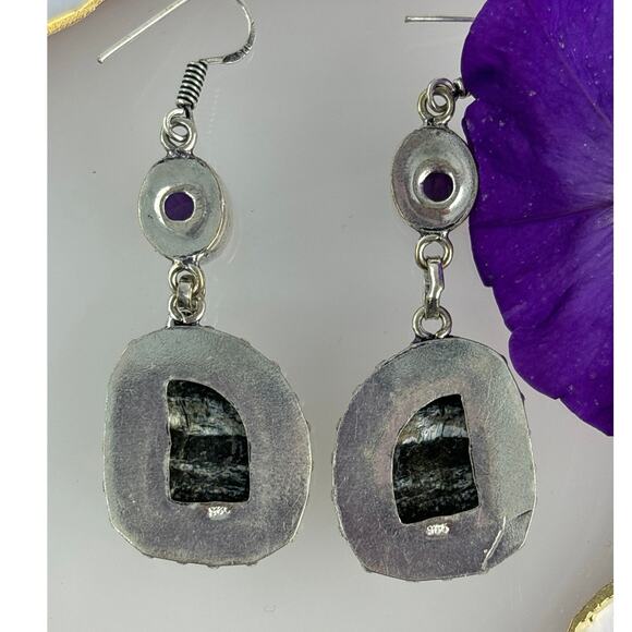 925 Sterling  Silver Line Jasper & Amethyst Dangle Earrings - Picture 6 of 6